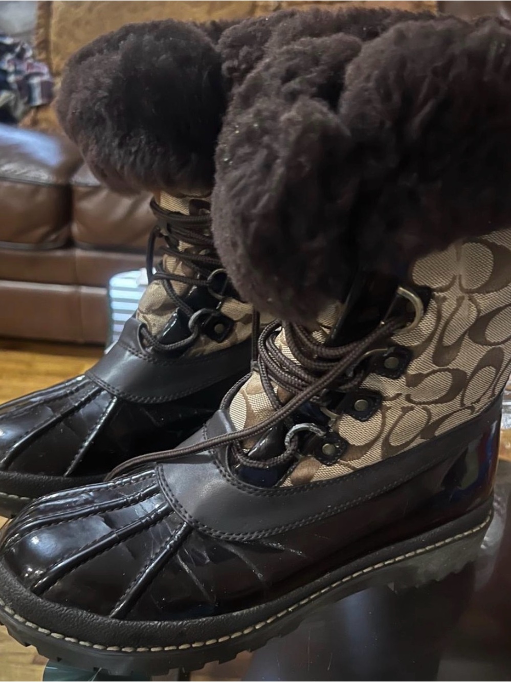 Coach Kids Dark Brown Logo Duck Boots with Faux Fur Cuff